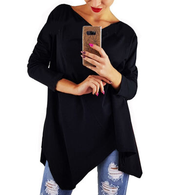 

Women Simple Concise Solid Color Shirt V-neck Long Sleeve Irregular Hem Shirt