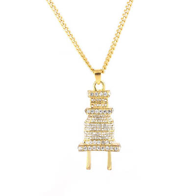 

Bizarre Golden Plug Shape Rhinestone Hip-hop Necklace Pendant Women Men Jewelry Neck Accessories