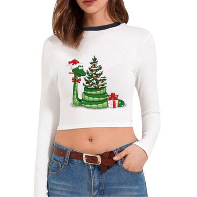 

Christmas T-shirt Santa Claus Christmas Tree Print Multiple Choices Long-Sleeve Cropped tshirt New Hot Women Clothes