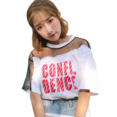 

Letter Printed Round Neck Short Sleeve T Shirts Women Sexy Mesh Hollow Out Tshirt Korean Casual Loose Tops Female