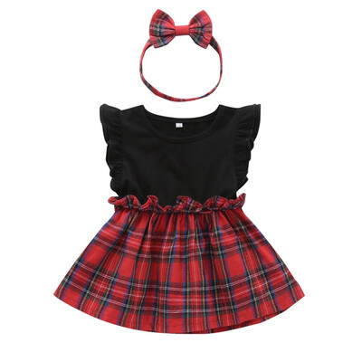 

Baby Girls Dress Sets Kids Flare Sleeve Patchwork Design Plaid Pattern Fashion Dresses Casual Sundress With Headband