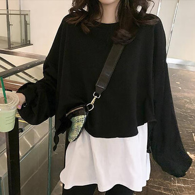 

Women Loose Fake Two-piece Sweater Simple Long Section Slim Tops Casual Solid Color Body Pants Two-Piece Suit