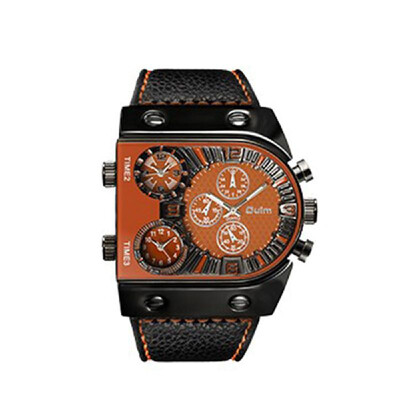 

OULM Men Three Time Zones Leather Band Quartz Watch Cool Big Dial Analog Wrist Watches