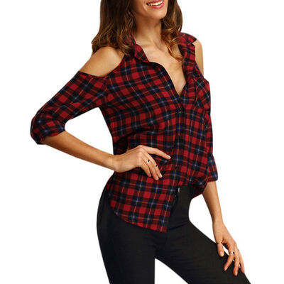 

New Fashion Plaid Off Shoulder Casual Women tops&Blouses Half Sleeve Turn Down Collar Shirt England Style Tops Female