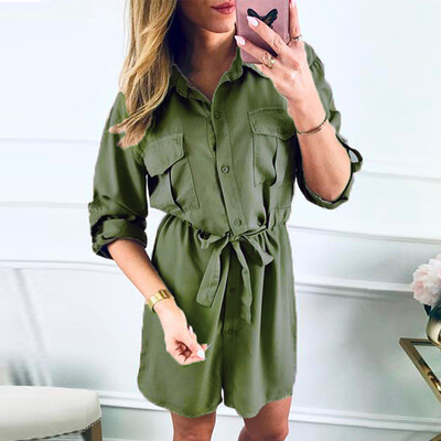 

new Ladies Commute Casual Shirt Dress New Long-sleeved Drawstring Design Dress Casual Loose Style Solid Women\s Shirt Dress