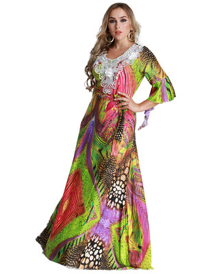 

Women Plus Size Muslim Dress Colorful Crochet Lace V Neck High Waist Tied Belt Long Gown Islamic Robe