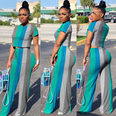 

Toponeto Women Casual Striped Print Set Short Sleeve Crop Tops Pants