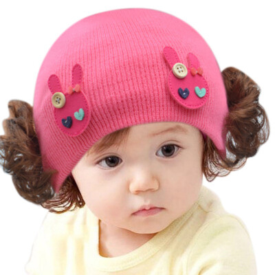 

2018 Autumn Winter Baby Girl Hat With Wig Kids Toddler Infant colorful Cute Knitted BeaniesHat