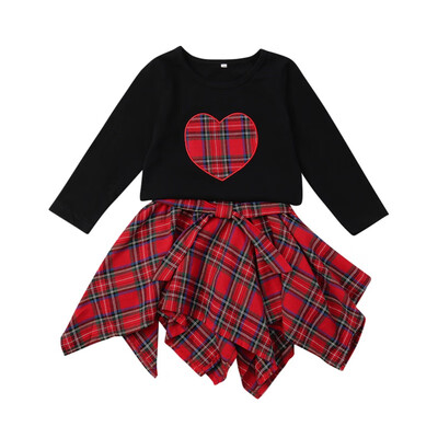 

Autumn Baby Girl Set Long Sleeve Plaid Heart Print Cotton Blouse Tops Short Irregular Plaid Skirts Casual Outfits Set