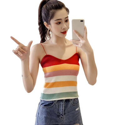 

Korean Version Of The Color Stripes Sexy Fresh Color Strip Knit Camisole Bottoming Vest