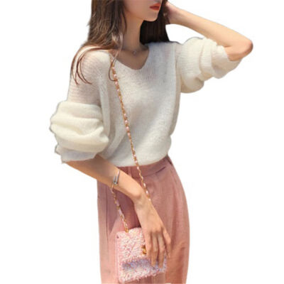 

Autumn Women Knitted Sweater Solid Color Mohair Pullover V Neck Sweet Loose Long-sleeve Knitwear Sweaters jumper pull femme Tops