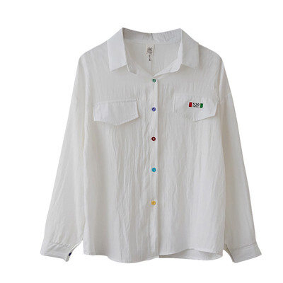 

White Yellow Blue Korean Style Loose Casual Colorful Button Blouse Fashion Sweet Long-sleeve Womens Solid Shirt