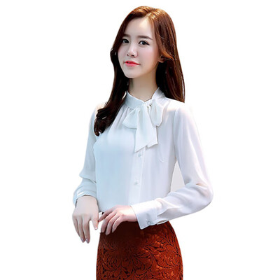 

Womens Shirt 2018 Summer Top Shirts Chiffon Bow Blouse long Sleeve Elegant Female Office White Purple 2XL Shirt