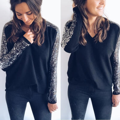 

Women Long SLeeve Sequin Top Ladies Blouse Casual Crew Neck Loose Blouse T-Shirt