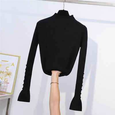 

Women Sweater Solid Color Korean Slim Bell Sleeved Half High Collar Pullover Slim Winter Bottom Knit Autumn Button Sleeve Jumper