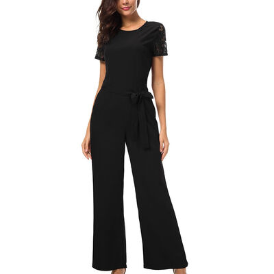 

Women Short Lace Sleeve High Waist Wide Leg Long Pants Trousers Jumpsuits Rompers