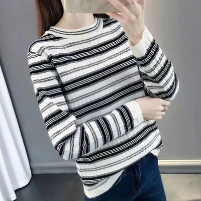 

New Knitted Striped Round Neck Contrast Color Irregular Long-sleeved Sweater Women
