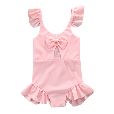 

Summer Infant Baby Kids Girls Polyester Flying Short Sleeve One Piece Swimsuit Solid Color Bowknot Ruffle Comfortable Swimsuit