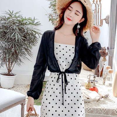 

Women Lace Up Perspective Shirt Chiffon Solid Kimono Cardigan Loose Long Sleeve Short Blouse Summer Cover Up Beach Plus Size