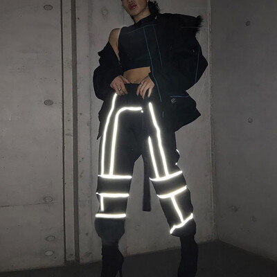

Hot Autumn Industrial Style Overalls Streetwear Reflective Stitching Trousers Pants women Loose Beam Feet Cargo Pants Women
