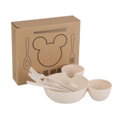 

4 Set For Kids Wheat Stalk Feeder Sets Plate With Dividers Fork Spoon Chopsticks