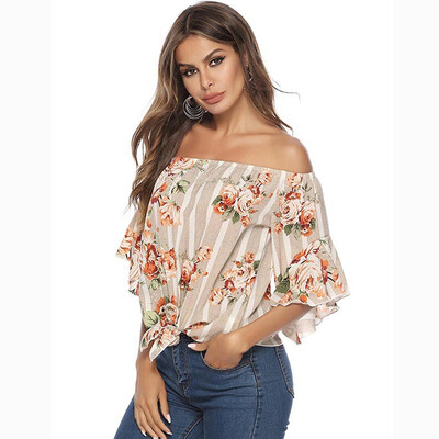 

2019 Women Fashion Concise Casual Sweet Flower Printed Strapless Chiffon All-match Shirts