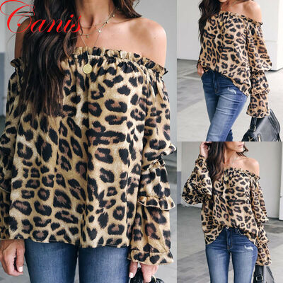 

Off Shoulder Women Long Sleeve Leopard Print Loose T Shirt Casual Blouse Tops