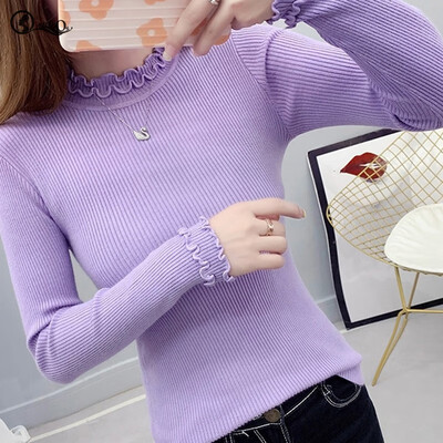 

Women knit Sweater New Slim Solid Color Ruffled Pullovers Korean Style O-Neck Long Sleeve Ladies Knitted Sweater cheap top