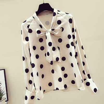 

Polka dot dot retro print female chiffon shirt casual loose shirt shirt long sleeve bow loose blouse&top -2XL