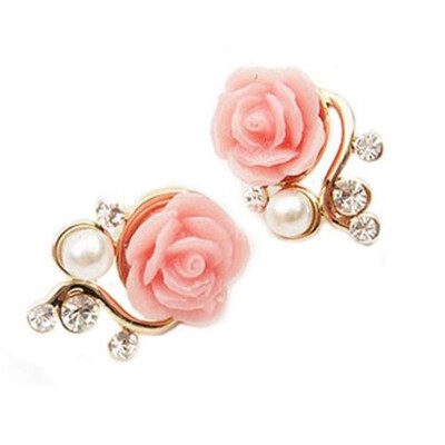 

New Fashion Chic PinkWhiteGreen Rose Flower Gorgeous Crystal Rhinestone Pearl Stud Earring