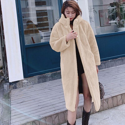

Women Faux Fur Long Coats Winter Hooded Warm Solid Color Thicken Female Outwears Elegant Knee Length Overcoat