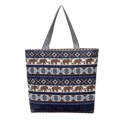 

Women Ethnic Elephant Print Large Capacity Zippered Shopping Tote Shoulder Bag