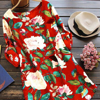 

Women Autumn Large Size Dress National Style Round Collar Flower Print Ruffled Half Sleeve Slim Retro Dress 4 Colors