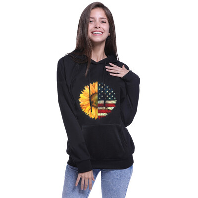

New Autumn And Winter Women Fashion Hoodie Sunflower Flag Print Hooded Sweatshirt Casual Tops