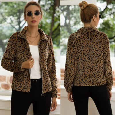 

Toponeto Women Fashion Leopard Outerwear Long Sleeve Zipper Turndown Collar Plush Coat