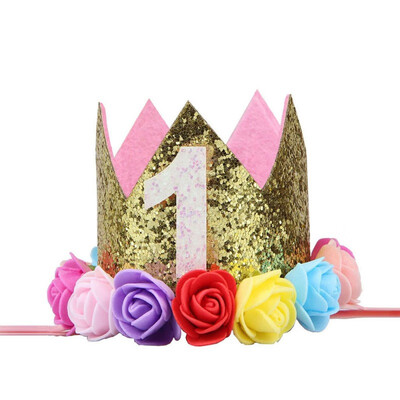 

Baby Boy Girl Birthday Party Hat Headwear Elastic Headband Glitter Number Flowers Crown