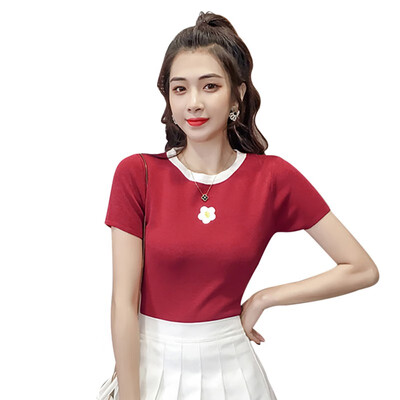 

Womens Round Neck Floral Embroidery Short Sleeve Knitted Pullover Fashion T-Shirt