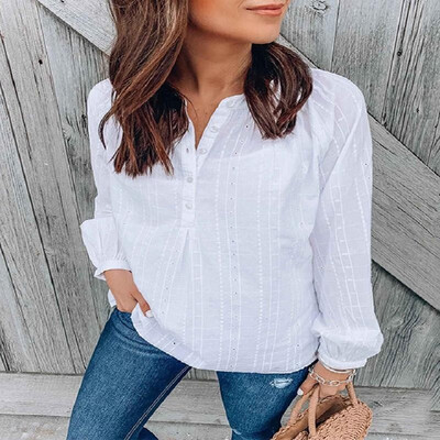 

Solid Color Embroidery Stand Color Buttons Long Sleeve Blouse