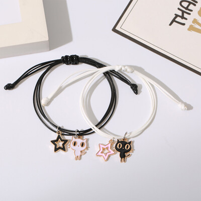 

2PcsSet Couple Bracelet Stitching Heart Bracelets Women Men Cute Cat Pendant Bracelets Valentines Day For Lovers Gifts Beautiful