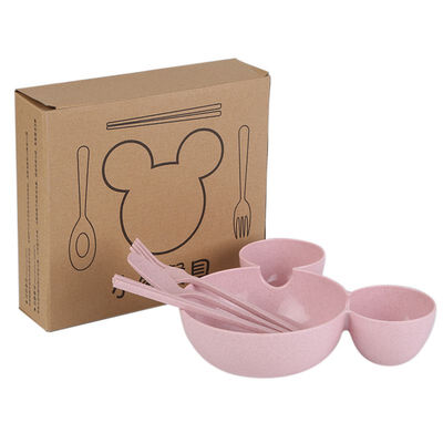 

4 Set For Kids Wheat Stalk Feeder Sets Plate With Dividers Fork Spoon Chopsticks