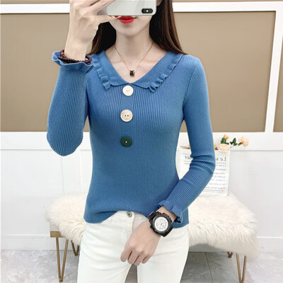 

Slim Bottom Knit Sweater Women Sweater Autumn Winter Solid Color Long-Sleeved Lapel Button Bottoming Jumpers Pullover