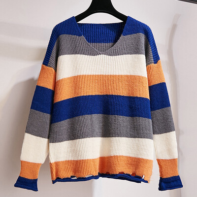 

Korean Style Sweet Striped Sweater Women Autumn Rainbow Striped Long Sleeve Kawaii Loose Pullover Warm Jumpers