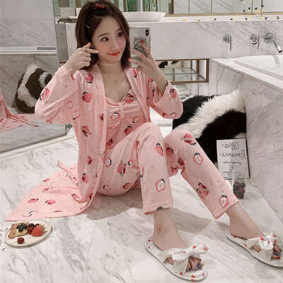 

Woman Autumn Sexy Pajamas Set Printed Sling Sleepwear 3 Peices Long Sleeves Soft Comfort Homewear Sexy Robe Sleepwear