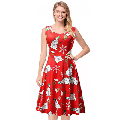 

Gobestart Women Christmas Print Floral Sleeveless Vintage Tea Ball Gown Dress Plus Size