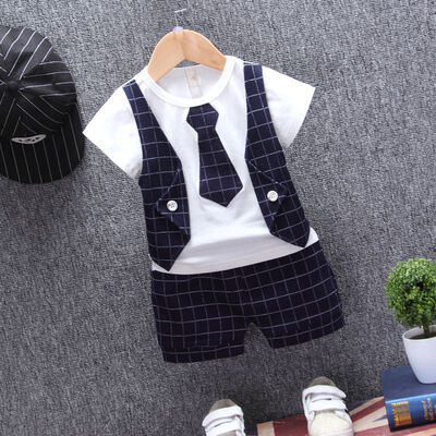 

Summer Baby Boys Clothes Short Sleeve Fake 2 Piece Gentle Plaid Print Tops T-shirtShorts Casual Outfits Sets