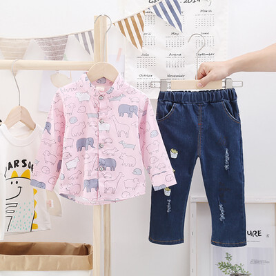 

Autumn Children Baby Boys Casual Long Sleeve Cartoon Animal Pattern Shirt TopsDenim Pants Set