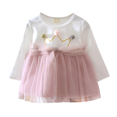 

Spring Autumn Girls Dress 1Y-4Y Long Sleeve Crown Mesh Design Dress Casual Pageant Kids Toddler Baby Girl Princess Dresses
