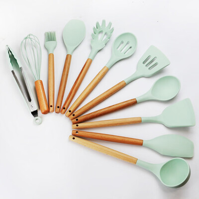 

11Pcs Kitchenware Silicone Wooden Handle Durable Heat Resistant Cookware Sets