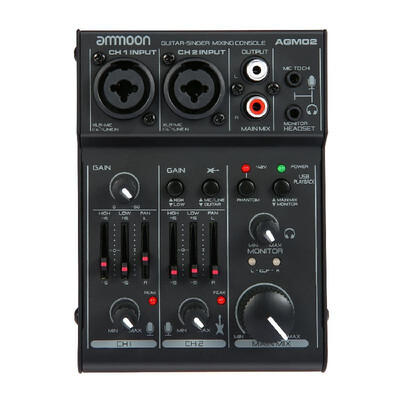 

ammoon AGM02 Mini 2-Channel Sound Card Mixing Console Digital Audio Mixer 2-band EQ Built-in 48V Phantom Power 5V USB Powered for