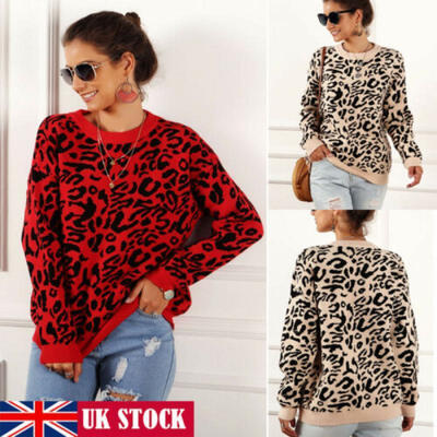 

UK Women Leopard Print Baggy Knitted Sweater Ladies Oversized Long Sleeve Jumper